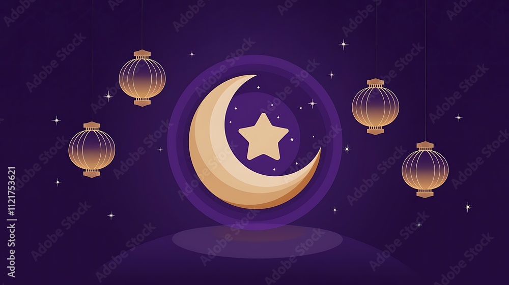 Stylized Ramadan Design with Crescent Moon, Star, and Ornate Lanterns on Purple Background with Geometric Patterns Stylized Ramadan Design with Crescent Moon, Star, and Ornate Lanterns on Purple Background with Geometric Patterns