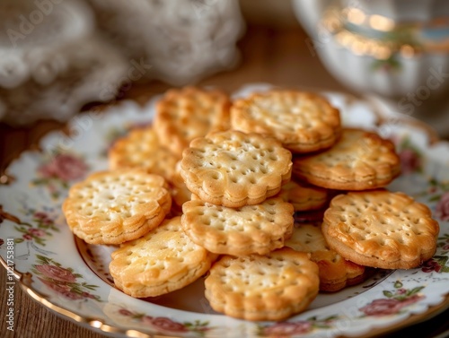 A plate of freshly baked cookies on a floral pattern plate