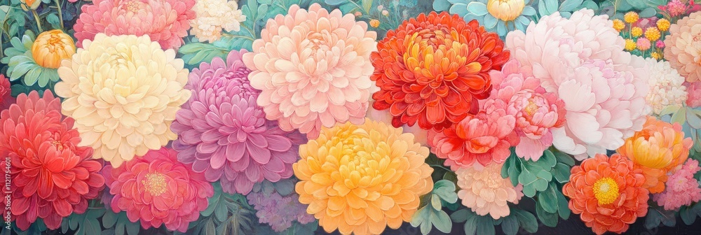 A vibrant scene of chrysanthemums and peonies in a traditional Japanese floral arrangement A vibrant scene of chrysanthemums and peonies in a traditional Japanese floral arrangement
