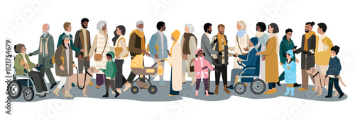 Happy people of different gender, age and race standing and chatting together. Large group of diverse and active people. Vector illustration on white background.