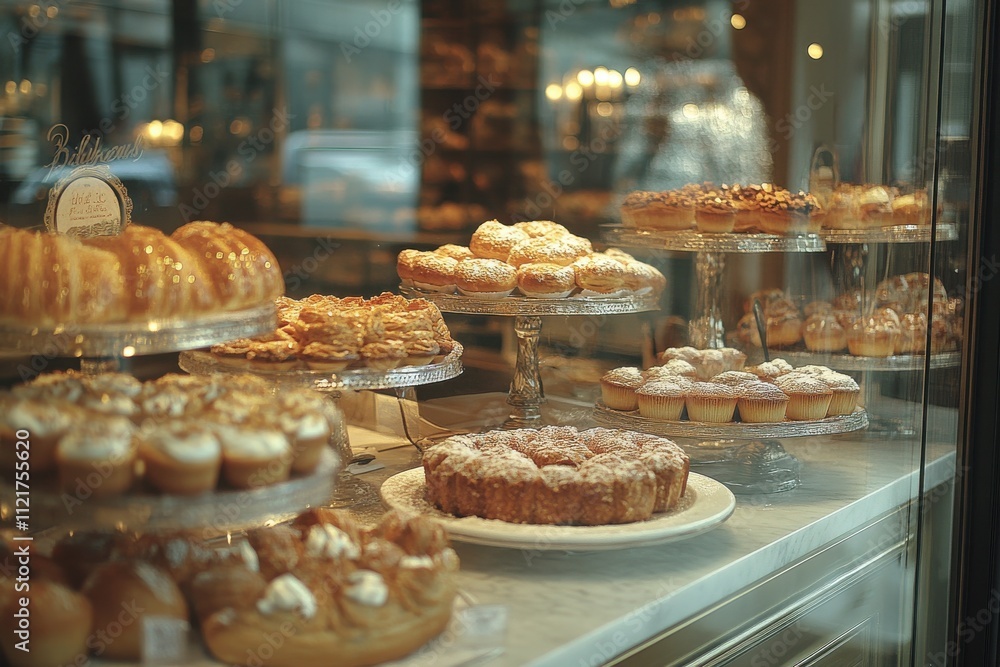 Delicious pastry display bakery window food photography urban environment close-up culinary artistry Delicious pastry display bakery window food photography urban environment close-up culinary artistry