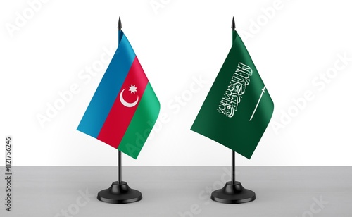 Image of the table flag of Azarbaijan and Saudi Arabia countries. White background. Close-up flags. High Resolution. photo