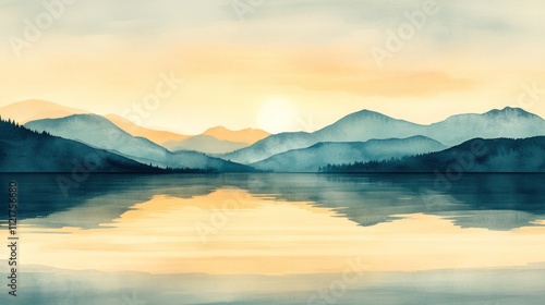 Serene watercolor landscape painting of a mountain lake at sunset, reflecting the warm colors of the sky and the silhouettes of the mountains.