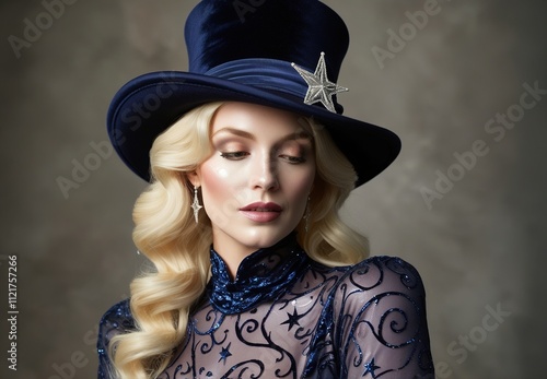 Elegant Woman in a Blue Velvet Top Hat With Stars photo