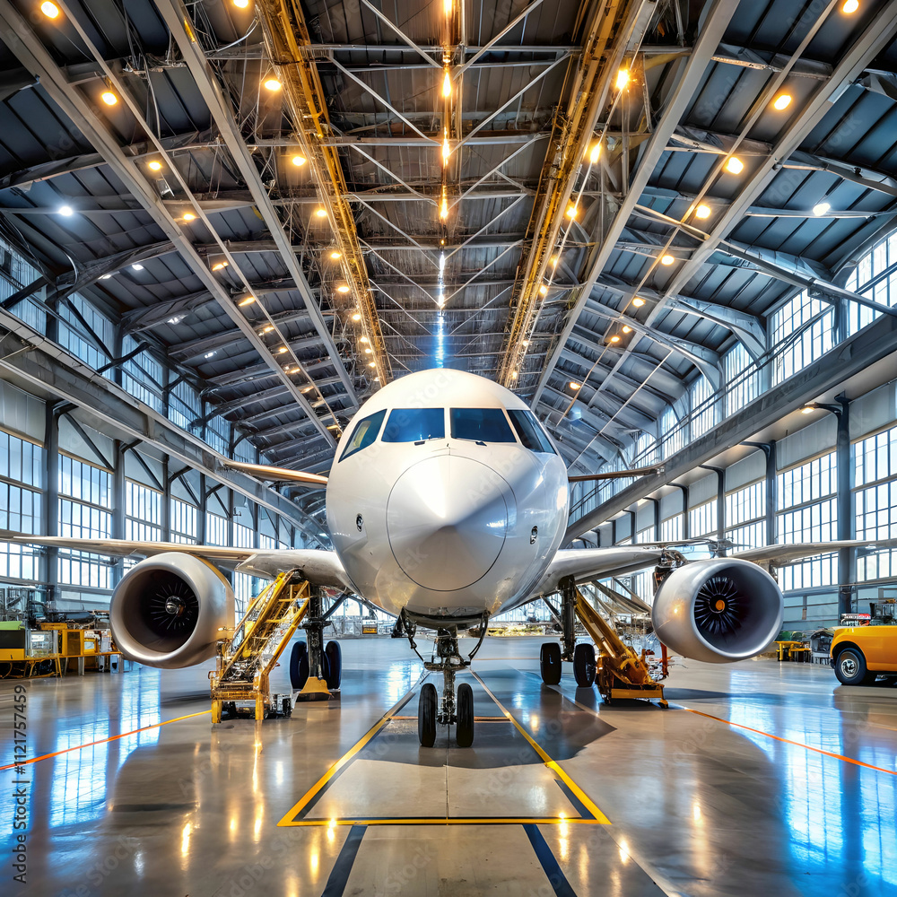 commercial airplane in hangar interior generative a commercial airplane in hangar interior generative a