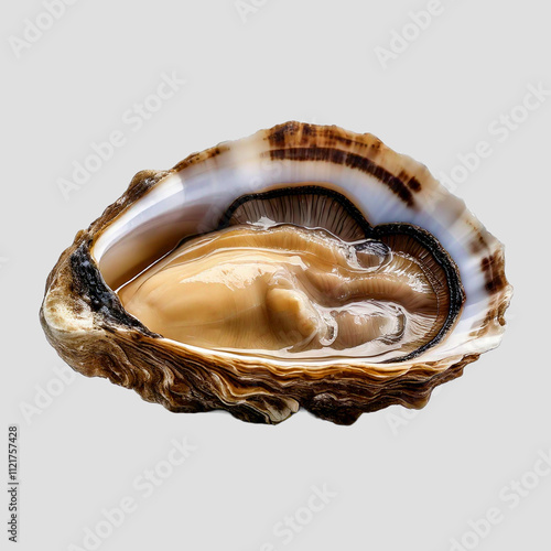 A single, fresh oyster in its shell, with a glistening, pearly interior and a rough, textured exterior.  photo