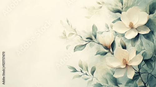 A soft watercolor blend of magnolia flowers in white and blush tones, with leaves in sage green on a pale cream background