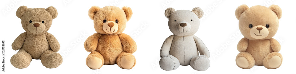 Fototapeta premium A Set of Adorable Plush Teddy Bears Sitting Upright with Cheerful Expressions on Transparent Background