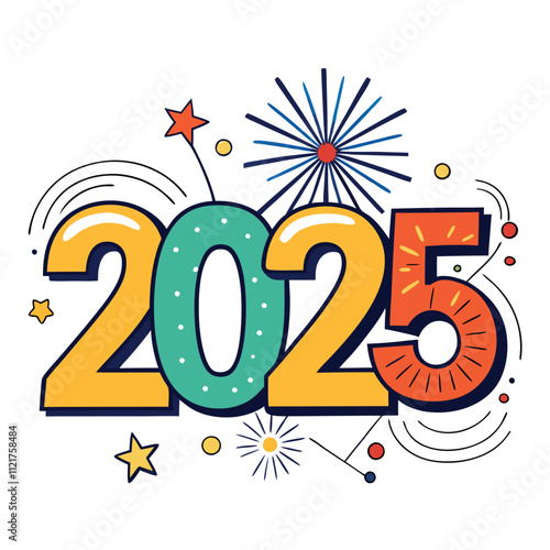 Hello 2025 gold fireworks vector illustration numbers logo illustration on white background.