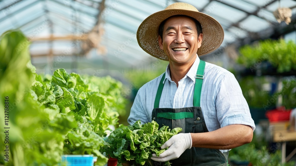 A cheerful South Korean farmer harvesting fresh leafy greens in a modern greenhouse, wearing a straw hat and apron, showcasing dedication to sustainable farming practices.