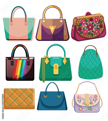 A collection of colorful, stylish handbags
