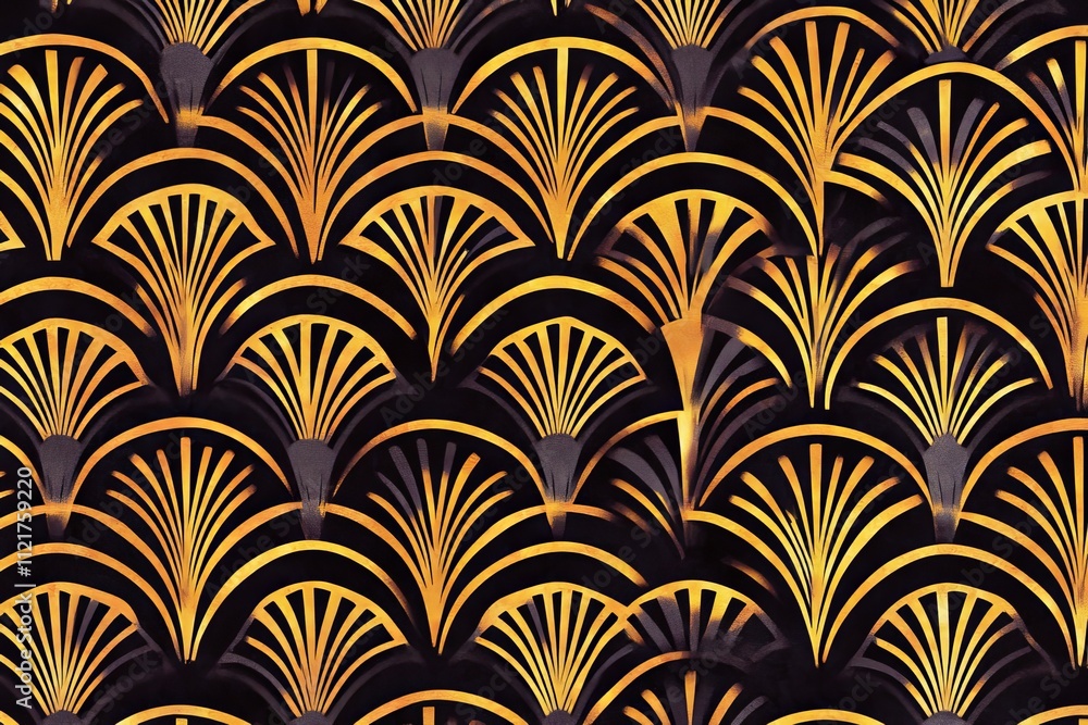 Elegant Art Deco Pattern with Golden Fan Shapes on a Dark Background, Perfect for Vintage and Glamorous Designs in Fashion and Interior Decor Projects Elegant Art Deco Pattern with Golden Fan Shapes on a Dark Background, Perfect for Vintage and Glamorous Designs in Fashion and Interior Decor Projects
