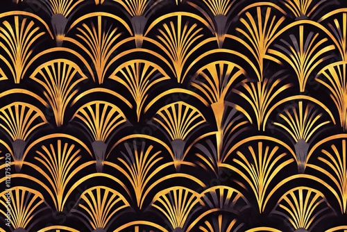 Elegant Art Deco Pattern with Golden Fan Shapes on a Dark Background, Perfect for Vintage and Glamorous Designs in Fashion and Interior Decor Projects