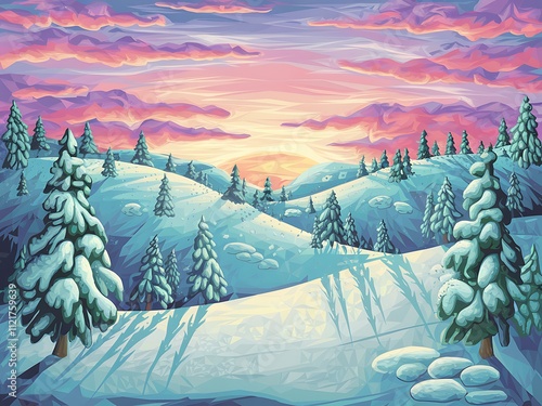 idyllic winter landscape at sunset. The scene should feature rolling snow-covered hills dotted with evergreen trees, their branches heavy with fresh snow