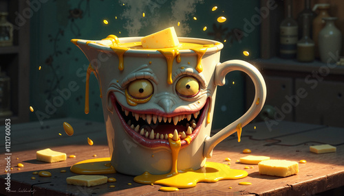 Creepy yet whimsical cartoon mug with exaggerated features and melting butter forming grotesque faces photo