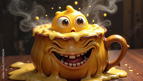 Creepy yet whimsical cartoon mug with exaggerated features and melting butter forming grotesque faces photo