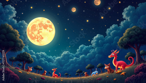 Cartoon-style nocturnal setting with full moon and exaggerated Mercury signs illuminating fantastical creatures