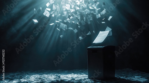 A paper shredder in the spotlight, with a tornado of flying documents around it. photo