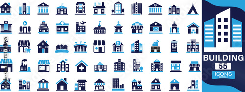  Building icon set. house, office, bank, school, hotel, shop, university, hospital You can easily change the color.