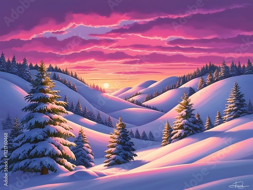 idyllic winter landscape at sunset. The scene should feature rolling snow-covered hills dotted with evergreen trees, their branches heavy with fresh snow