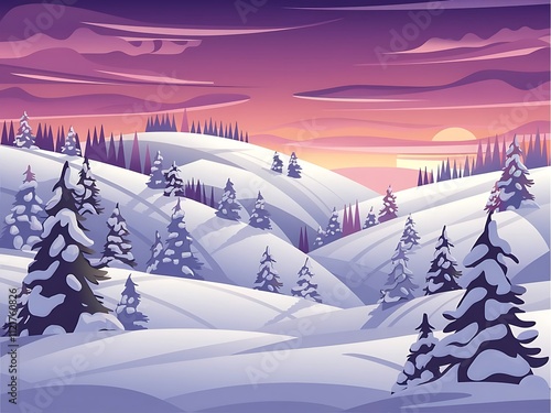 idyllic winter landscape at sunset. The scene should feature rolling snow-covered hills dotted with evergreen trees, their branches heavy with fresh snow