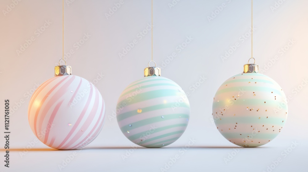 Geometric pastel baubles trio with stripes and dots on gradient background Geometric pastel baubles trio with stripes and dots on gradient background