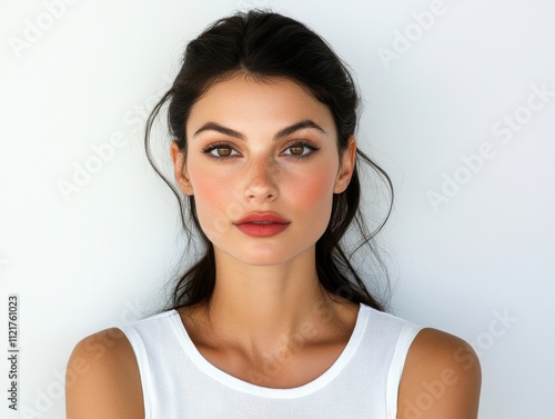 Confident young woman with dark hair tied back, wearing a casual white tank top against a minimalist background. 