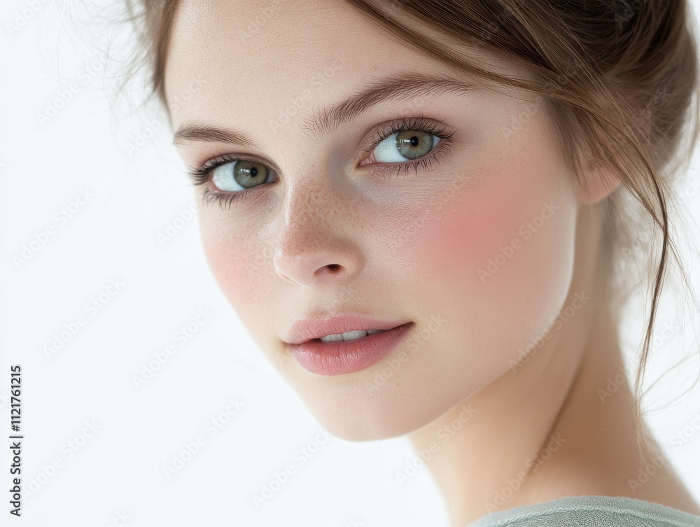 Fototapeta premium Close-up of a young woman with rosy cheeks, soft pink lips, and natural light highlighting her delicate features. 