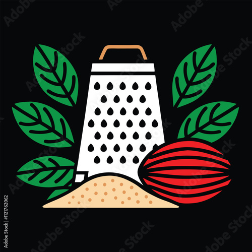 Vector illustration of whole nutmeg with a grater and a small mound of ground nutmeg, perfect for culinary and kitchen-themed designs. Ideal for food, spice, and cooking graphics.