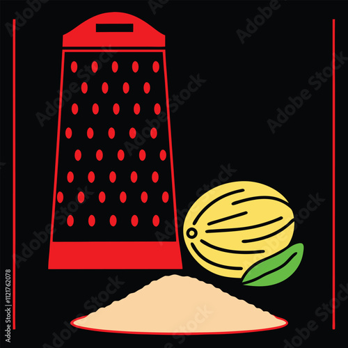 Vector illustration of whole nutmeg with a grater and a small mound of ground nutmeg, perfect for culinary and kitchen-themed designs. Ideal for food, spice, and cooking graphics.