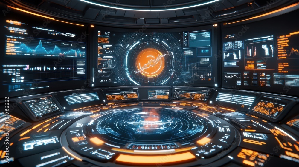 Obraz premium Futuristic Control Room with Advanced Technology and Data Visualization