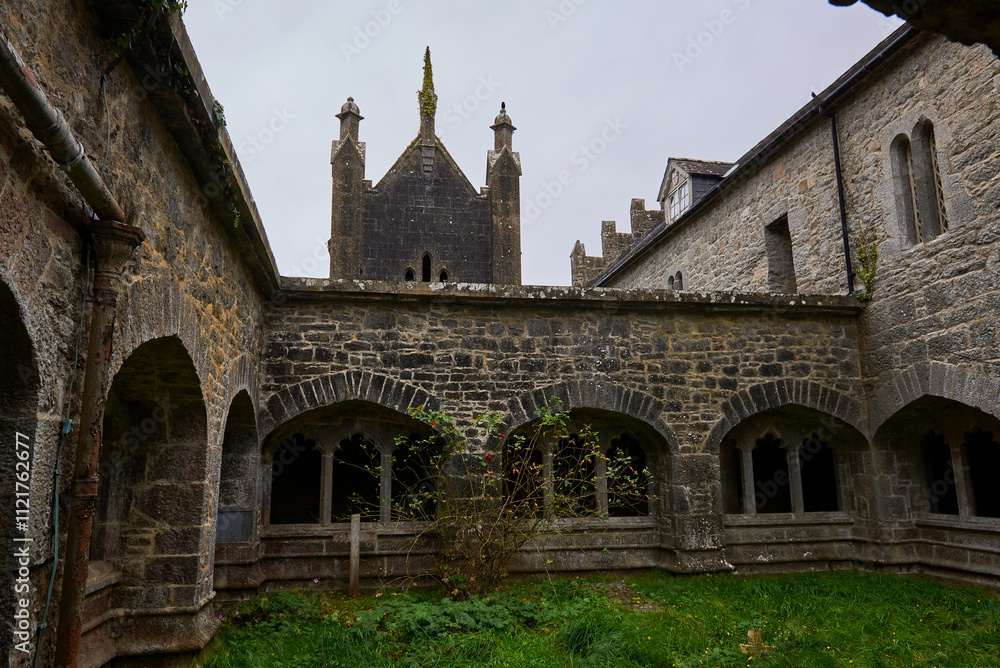 Courtyard of Augustinian Friary in Adare, Ireland, surrounded by arched stone cloisters and historic architecture Courtyard of Augustinian Friary in Adare, Ireland, surrounded by arched stone cloisters and historic architecture