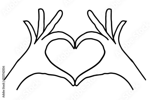 Line art drawing of hands showing love sign. Hand drawn outline vector illustration of heart shape. Romantic concept