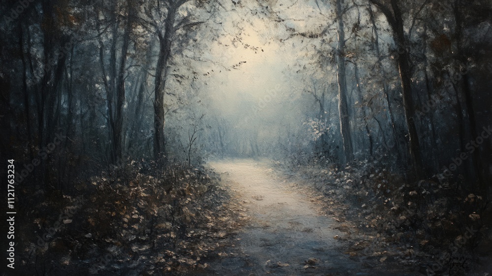 Misty forest path, tranquil, autumnal scene. Misty forest path, tranquil, autumnal scene.