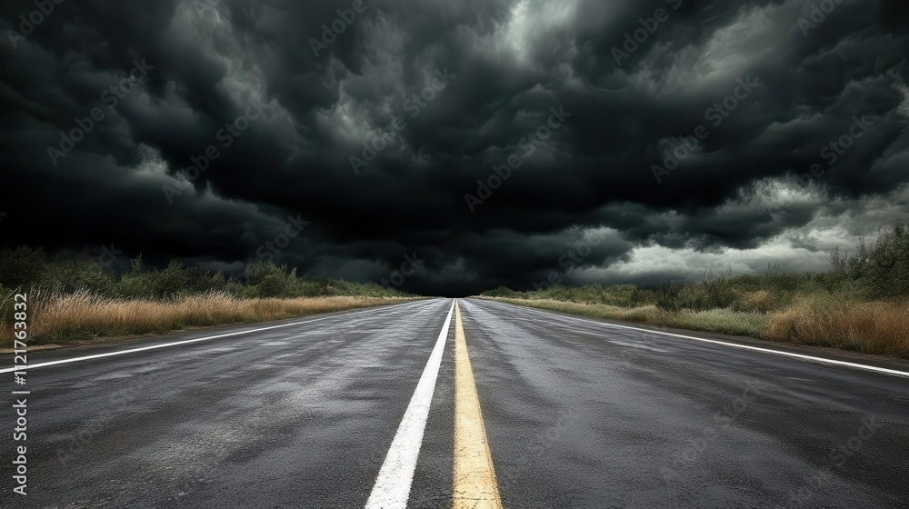 Travel themed image showing an empty road with dark storm clouds overhead Travel themed image showing an empty road with dark storm clouds overhead