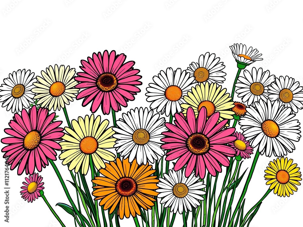 Colorful daisies in a hand-drawn bouquet arrangement, bouquet design, illustration, colorful blooms Colorful daisies in a hand-drawn bouquet arrangement, bouquet design, illustration, colorful blooms