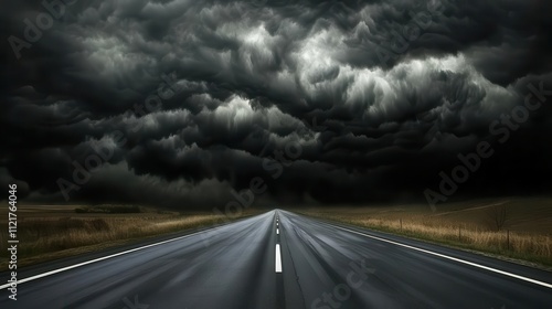 Travel themed image showing an empty road with dark storm clouds overhead photo