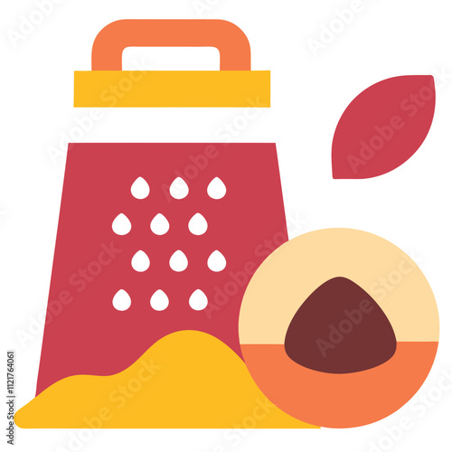 Vector illustration of whole nutmeg with a grater and a small mound of ground nutmeg, perfect for culinary and kitchen-themed designs. Ideal for food, spice, and cooking graphics.