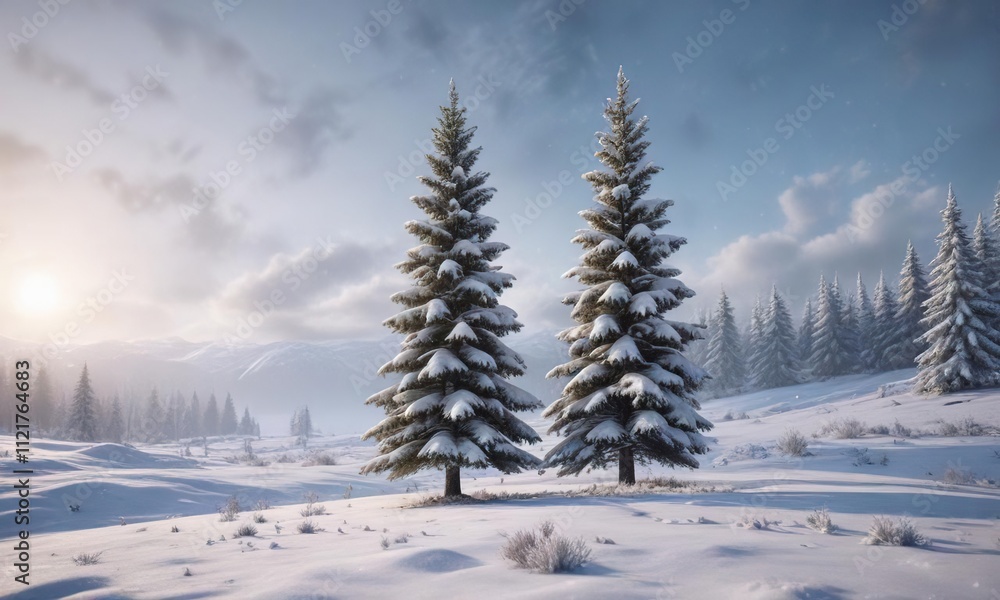 Snow-covered Christmas tree in a frosty winter landscape, holiday decoration, icy branches Snow-covered Christmas tree in a frosty winter landscape, holiday decoration, icy branches