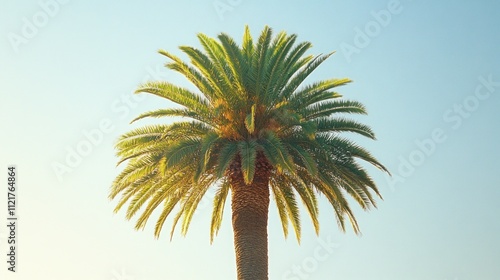 A single palm tree against a clear blue sky.