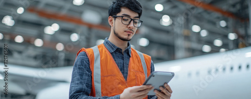 maintenance engineer in orange vest uses tablet in aircraft hangar, ensuring safety and efficiency in operations. focused expression highlights dedication to job