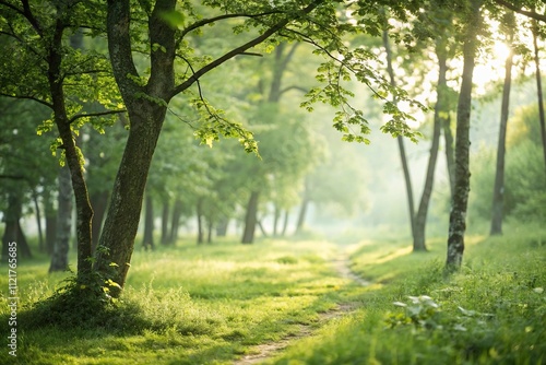 Dappled sunlight and soft focus capturing a serene scene in a green forest, woodland setting, forest ambiance, dappled light effect, peaceful atmosphere