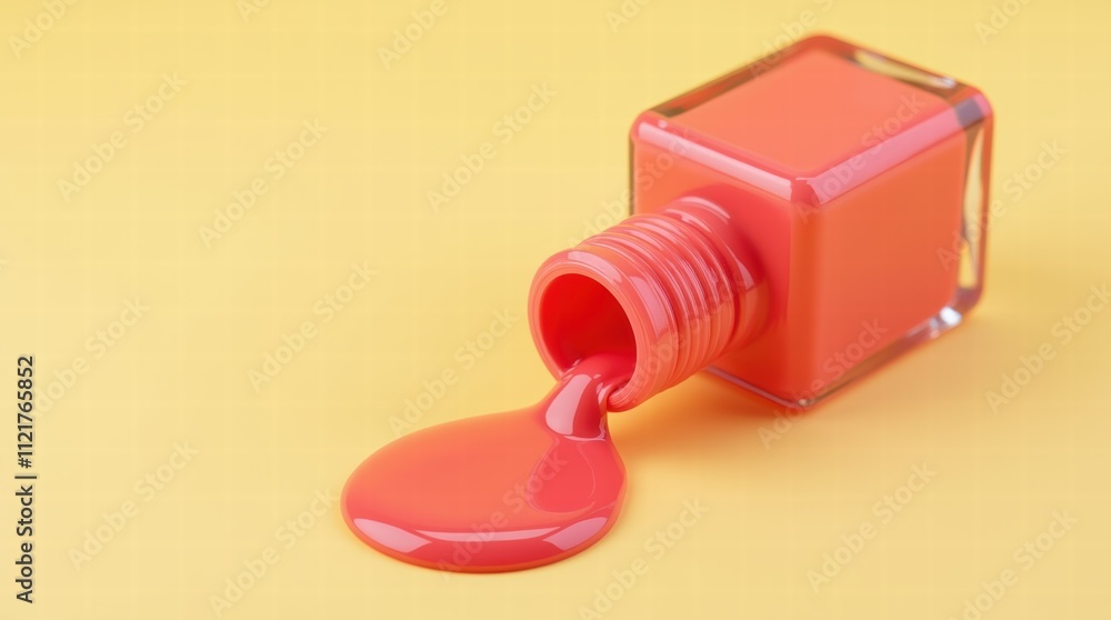 Bottle of cherry color nail polish opened and spilling over a pastel yellow background Bottle of cherry color nail polish opened and spilling over a pastel yellow background