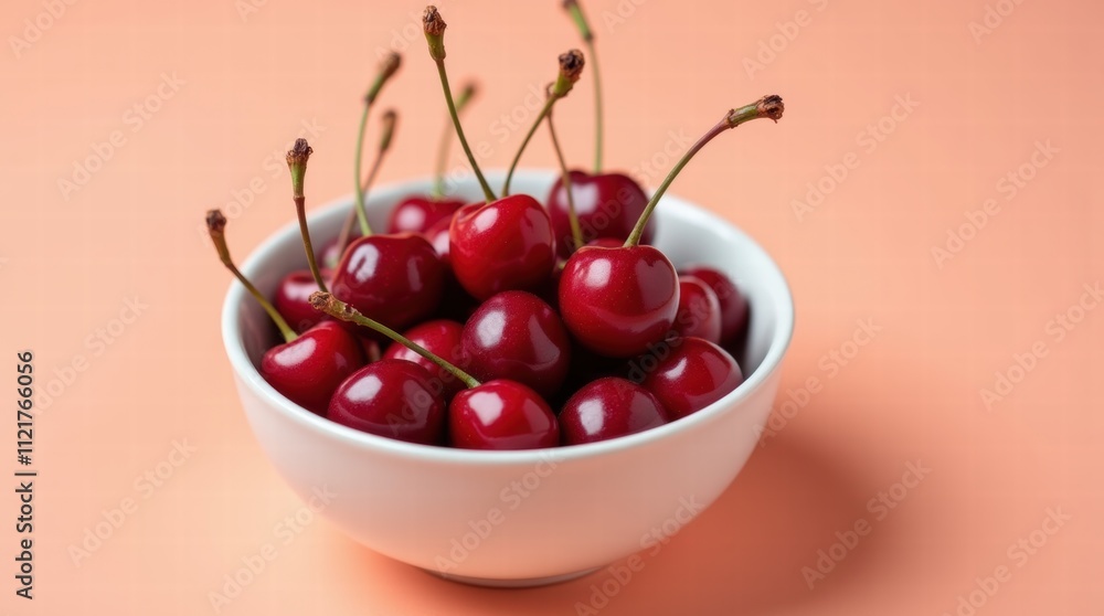 A bowl of cherries with cherries scattered around it on a pastel peach background A bowl of cherries with cherries scattered around it on a pastel peach background