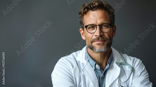 Portrait of a confident male doctor in a white coat against a grey background.