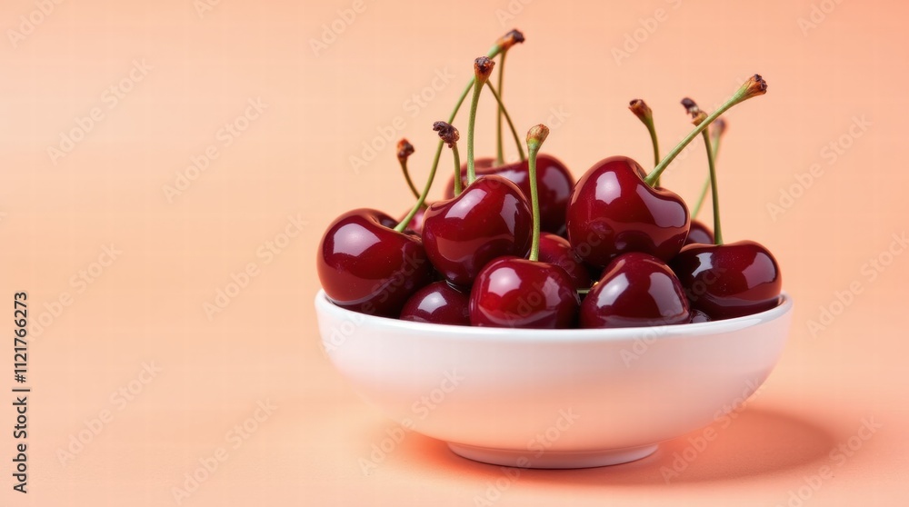 A bowl of cherries with cherries scattered around it on a pastel peach background A bowl of cherries with cherries scattered around it on a pastel peach background