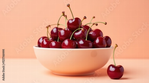 A bowl of cherries with cherries scattered around it on a pastel peach background