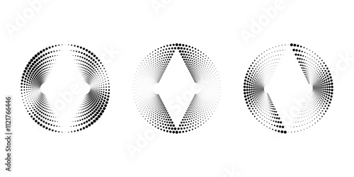 Set of black abstract dotted shape. Geometric art. Halftone dots. Trendy design element for logo, tattoo, sign, symbol, web, prints, posters, social media, template, pattern, abstract backdrop