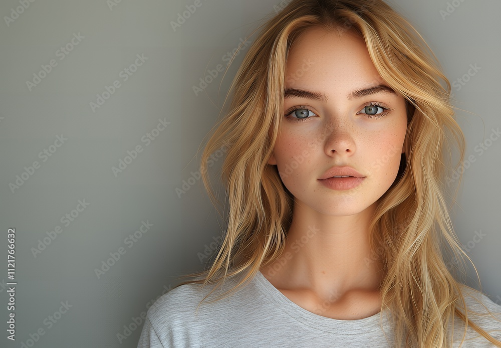 Fototapeta premium Stunning Portrait of a Young Woman with Blonde Hair and Blue Eyes Against a Gray Background