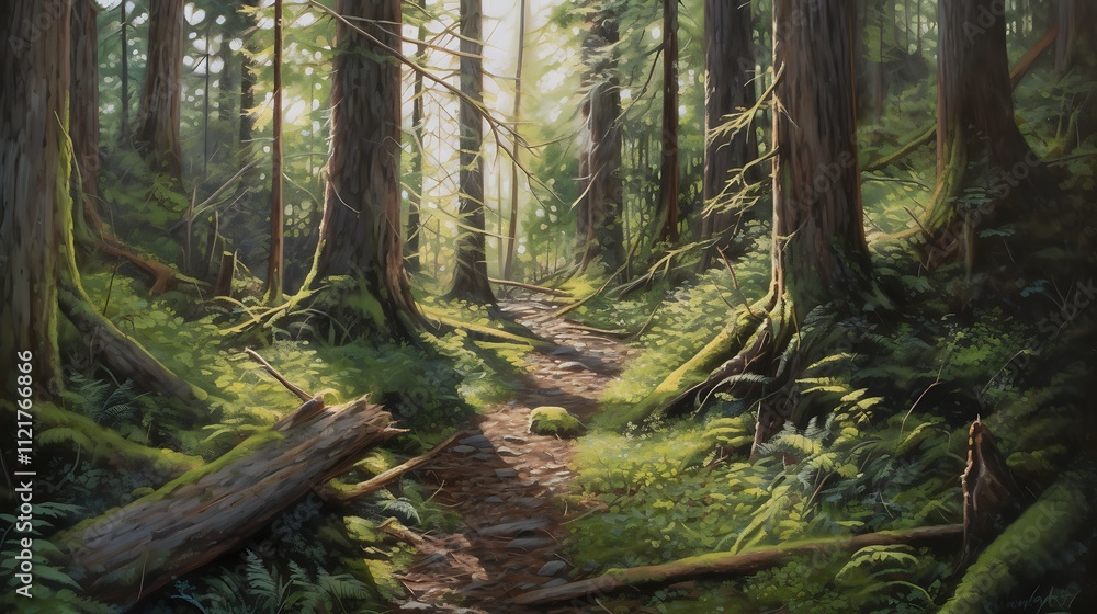 Obraz premium Sunlit Path Through a Mossy Old Growth Forest